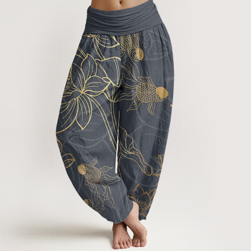 Pure Cotton Lotus Leaf Koi Fish Women's Elastic Waist Harem Pants