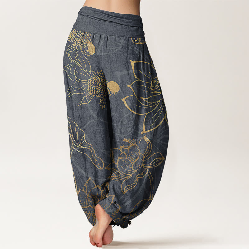 Pure Cotton Lotus Leaf Koi Fish Women's Elastic Waist Harem Pants