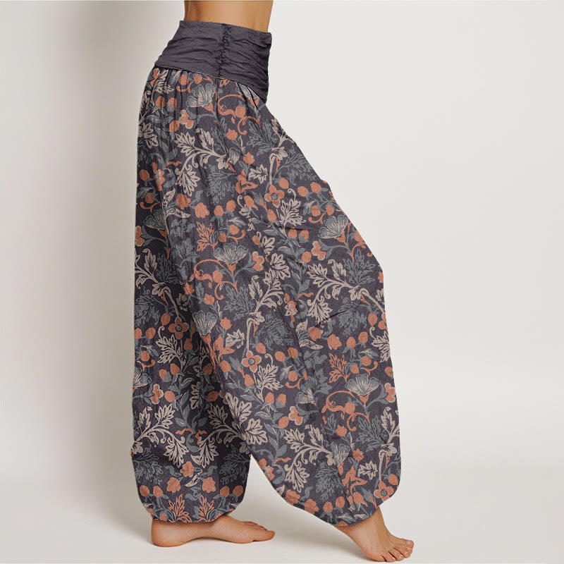Cotton Casual Flower Vine Leaves Pattern Women's Elastic Waist Harem Pants