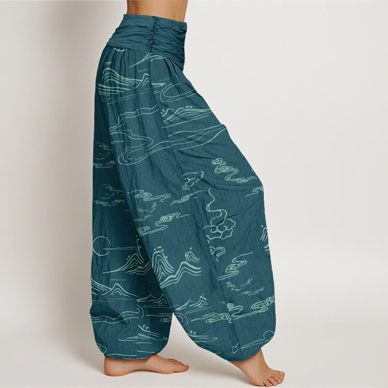 Cotton Mountain Moon Auspicious Clouds Pattern Women's Elastic Waist Harem Pants