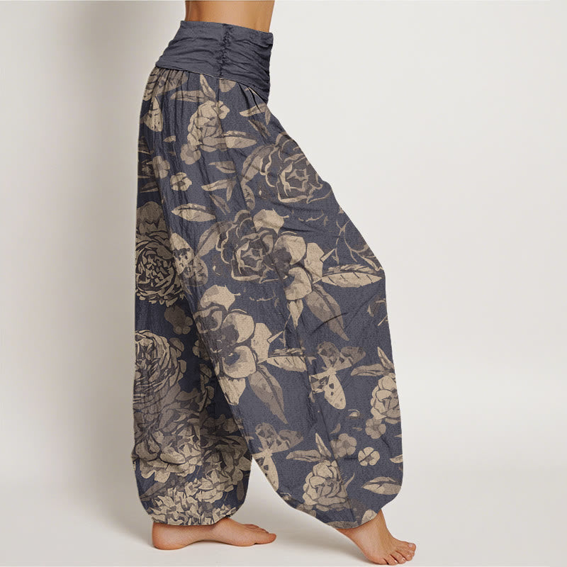 Cotton Casual Peony Flowers Leaves Women's Elastic Waist Harem Pants