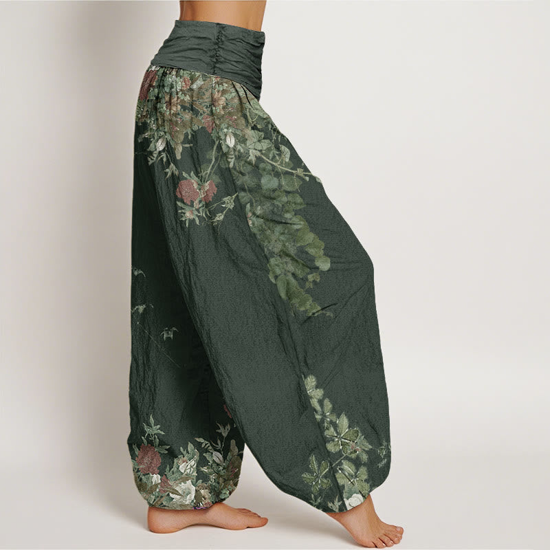 Cotton Casual Red Peony Flower Vine Design Women's Elastic Waist Harem Pants