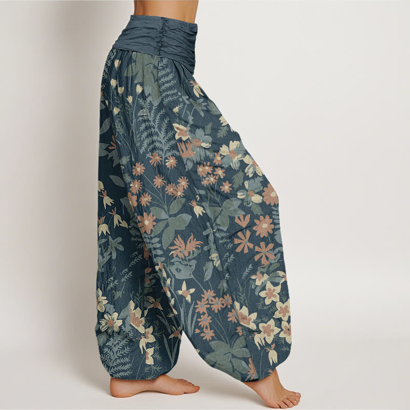 Cotton Casual Daisy Flowers Leaves Design Women's Elastic Waist Harem Pants
