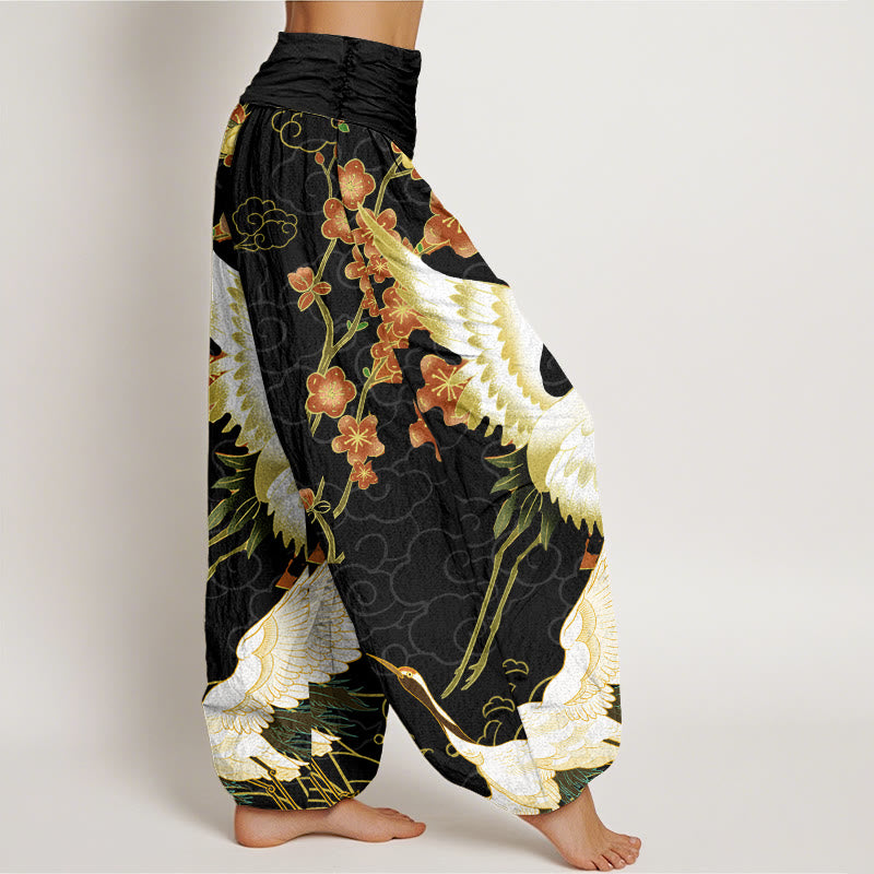 Cotton Cranes Flowers Auspicious Clouds pattern Women's Elastic Waist Harem Pants