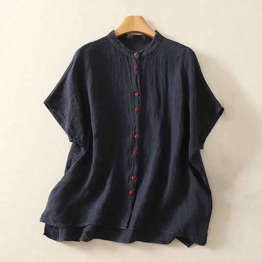 Summer Plain Red Buttons Short Sleeve Women's Cotton Linen Shirt