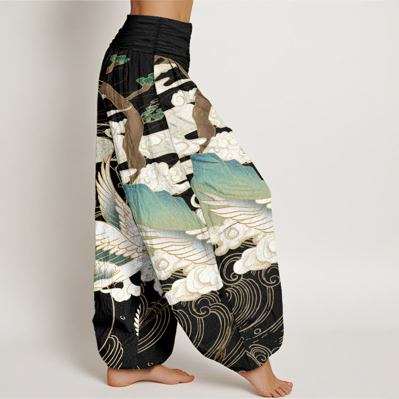 Pure Cotton Flying Cranes Auspicious Clouds Tree women's Elastic Waist Harem Pants