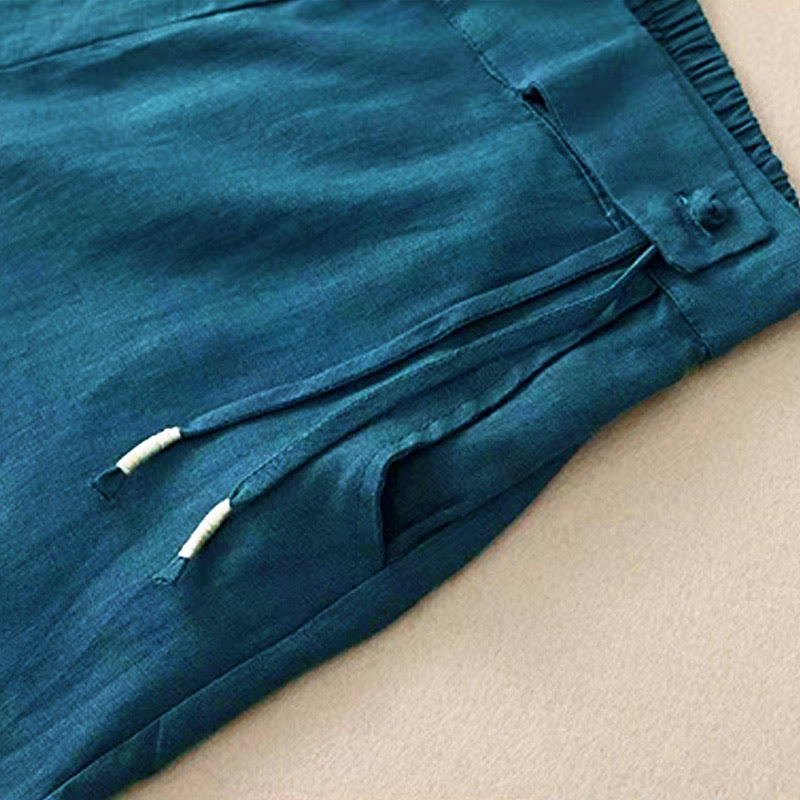 Casual Solid Color One Button Women's Capri Wide Leg Pants With Pockets