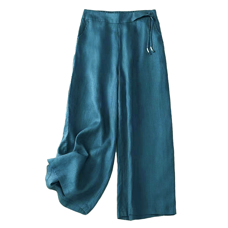 Casual Solid Color One Button Women's Capri Wide Leg Pants With Pockets