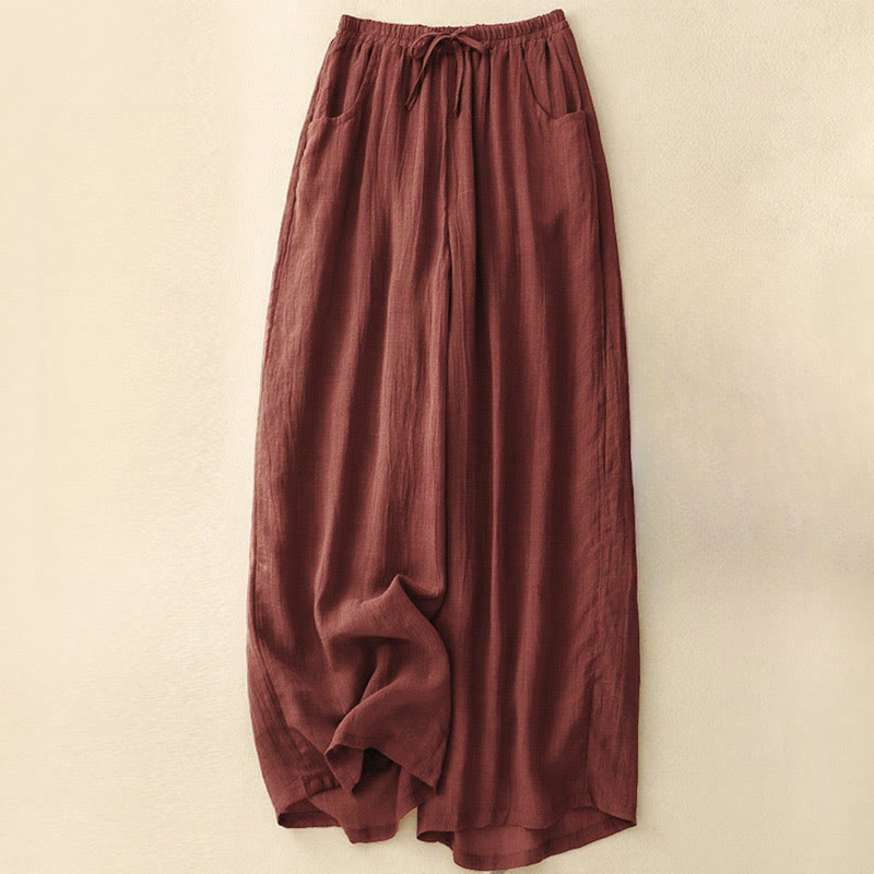 Spring Pure Color Drawstring Double Layer Women's Wide Leg Pants With Pockets