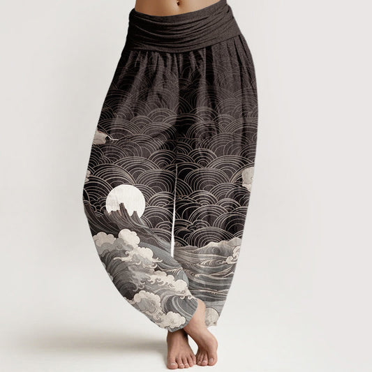 Pure Cotton Casual Wave Moon Mountain Pattern Women's Elastic Waist Harem Pants