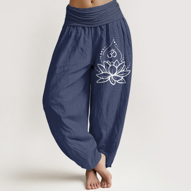 Blooming Lotus Om Symbol Pattern Women's Elastic Waist Harem Cotton Pants