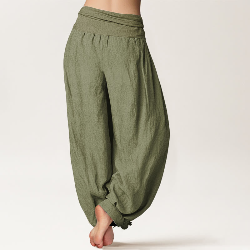 Blooming Lotus Om Symbol Pattern Women's Elastic Waist Harem Cotton Pants
