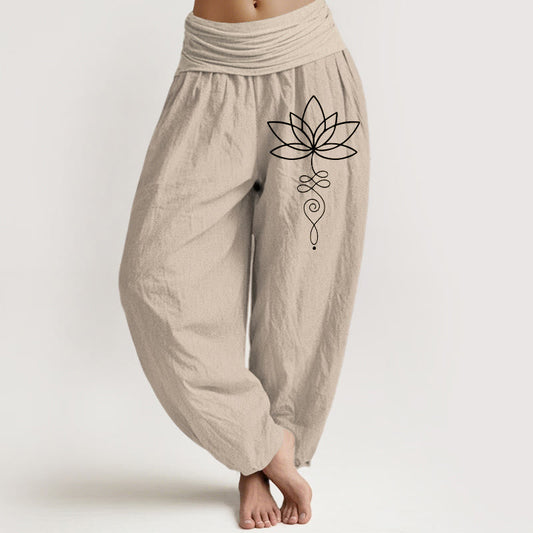 Lotus Unalome Symbol Pattern Women's Elastic Waist Harem Pure Cotton Pants