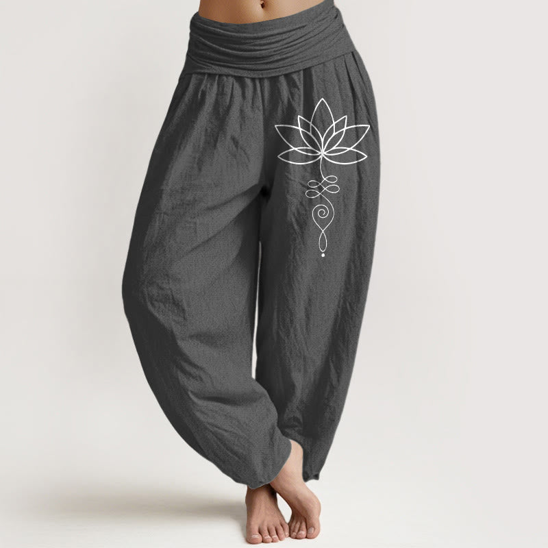 Lotus Unalome Symbol Pattern Women's Elastic Waist Harem Pure Cotton Pants