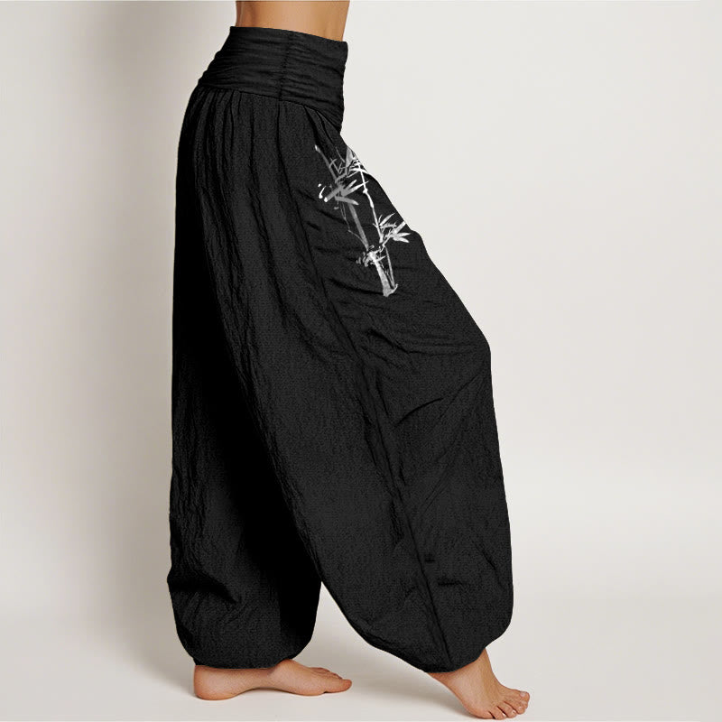 Bamboo Leaves Red Sun Pattern Women's Elastic Waist Harem Pure Cotton Pants