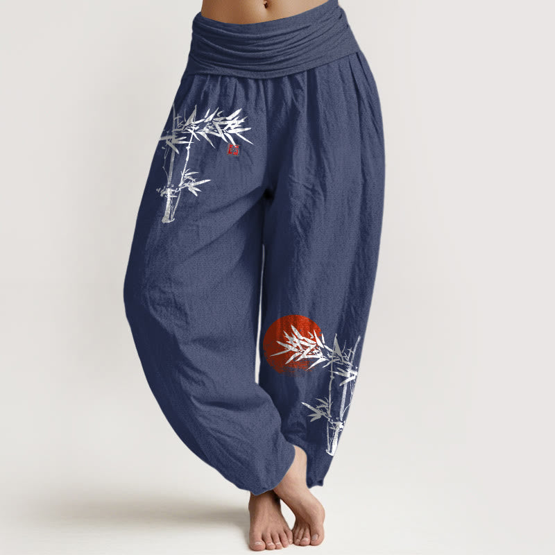 Bamboo Leaves Red Sun Pattern Women's Elastic Waist Harem Pure Cotton Pants