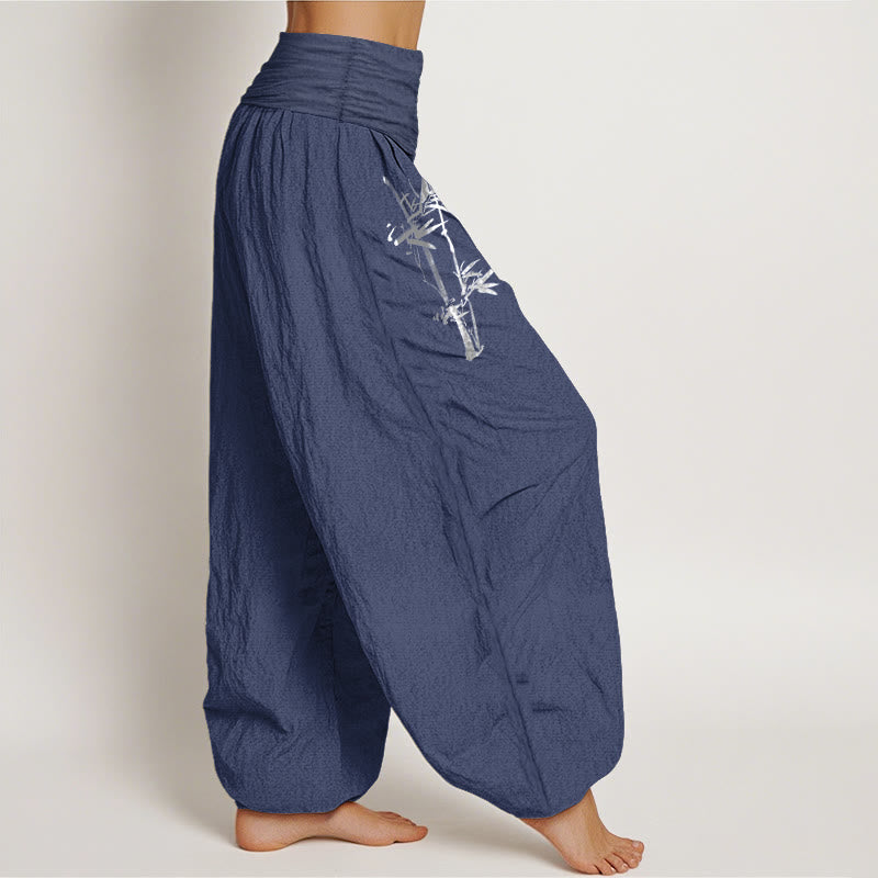 Bamboo Leaves Red Sun Pattern Women's Elastic Waist Harem Pure Cotton Pants