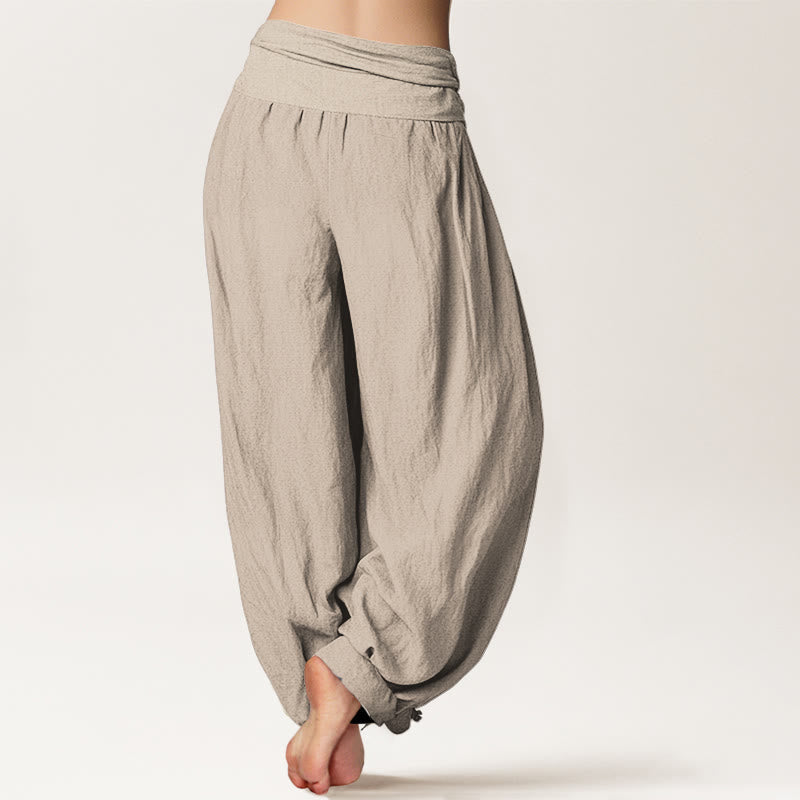 Blooming Lotus Om Symbol Pattern Women's Elastic Waist Harem Pure Cotton Pants