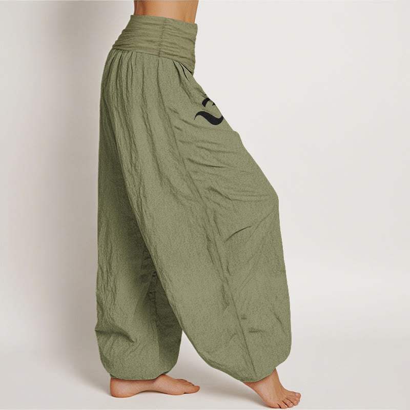 Blooming Lotus Om Symbol Pattern Women's Elastic Waist Harem Pure Cotton Pants