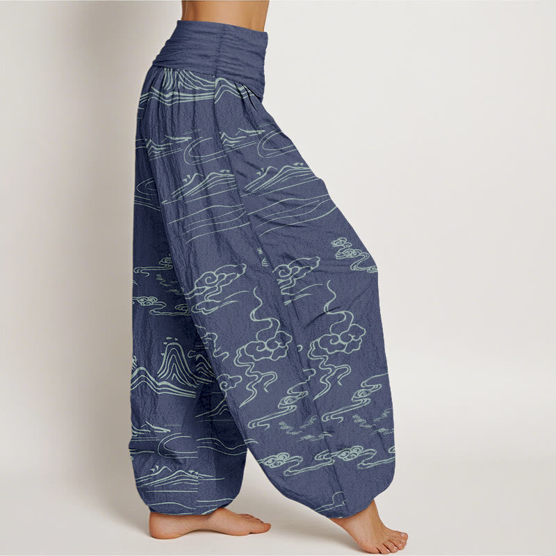Cotton Mountain Moon Auspicious Clouds Pattern Women's Elastic Waist Harem Pants