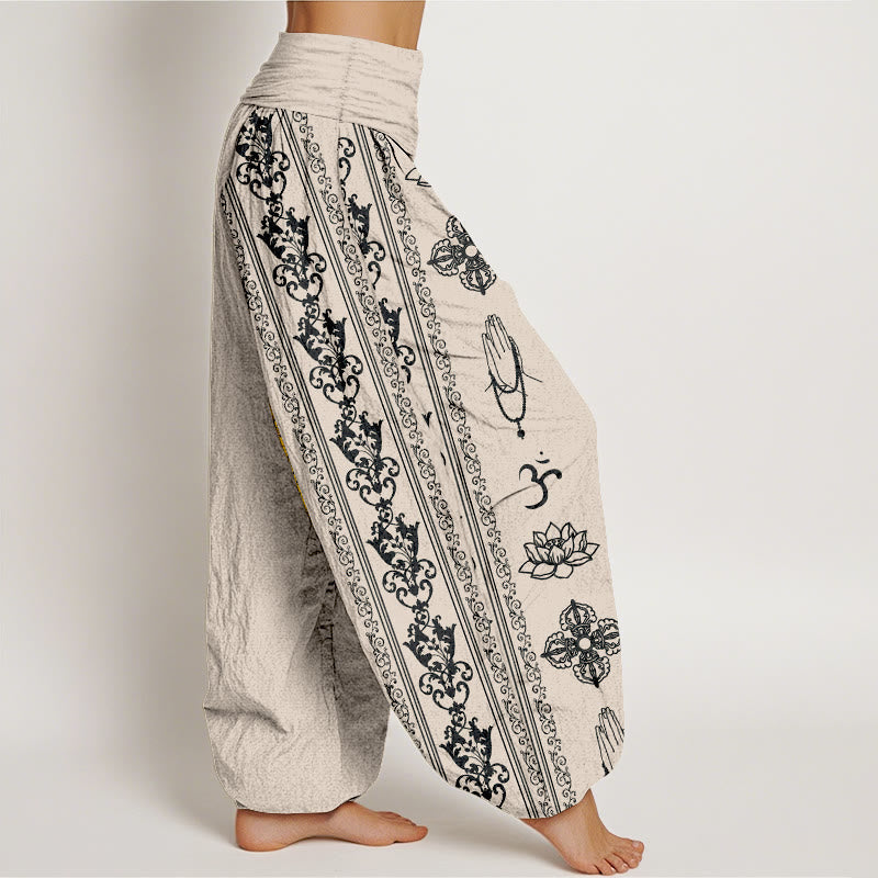 Pure Cotton Lotus Flowers Double Dorje Vajra Namaste Om Design Women's Elastic Waist Harem Pants