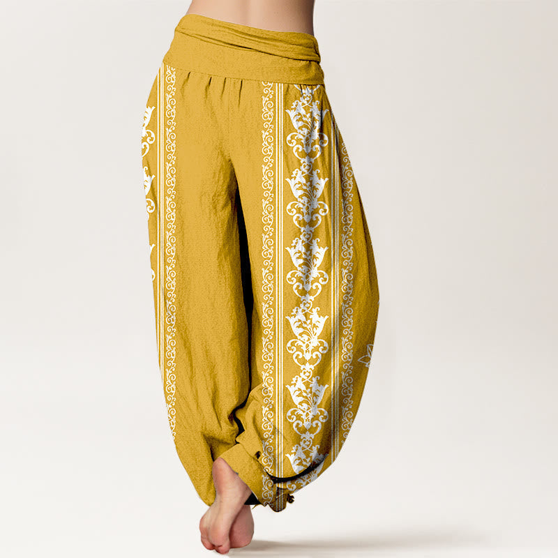 Pure Cotton Lotus Flowers Double Dorje Vajra Namaste Om Design Women's Elastic Waist Harem Pants