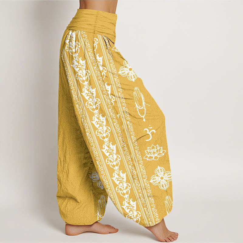 Pure Cotton Lotus Flowers Double Dorje Vajra Namaste Om Design Women's Elastic Waist Harem Pants