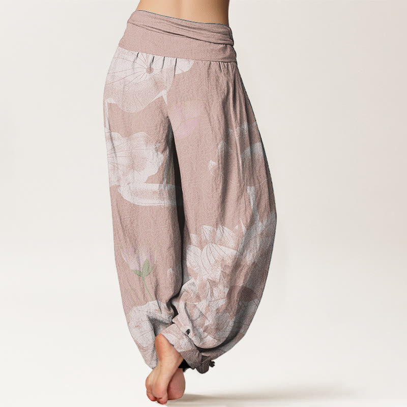 Cotton Pink And White Lotus Women's Elastic Waist Harem Pants