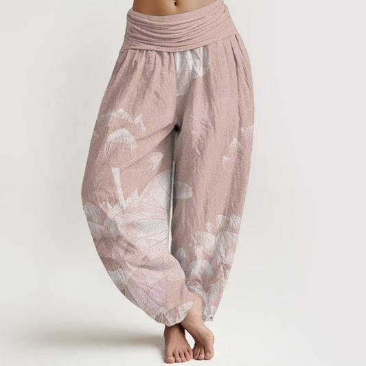 Cotton Pink And White Lotus Women's Elastic Waist Harem Pants