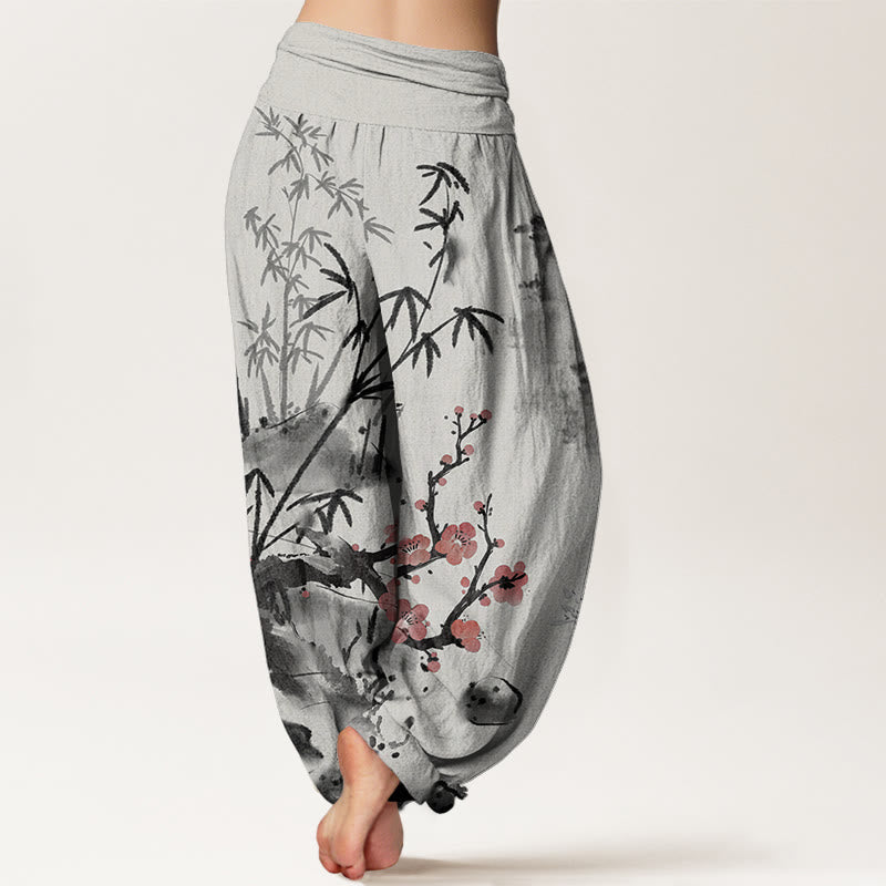 Cotton Plum Blossoms Bamboo Orchids Chrysanthemums Pattern Women's Elastic Waist Harem Pants