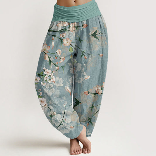 Pure Cotton Peach Blossoms Flying Geese Pattern Women's Elastic Waist Harem Pants