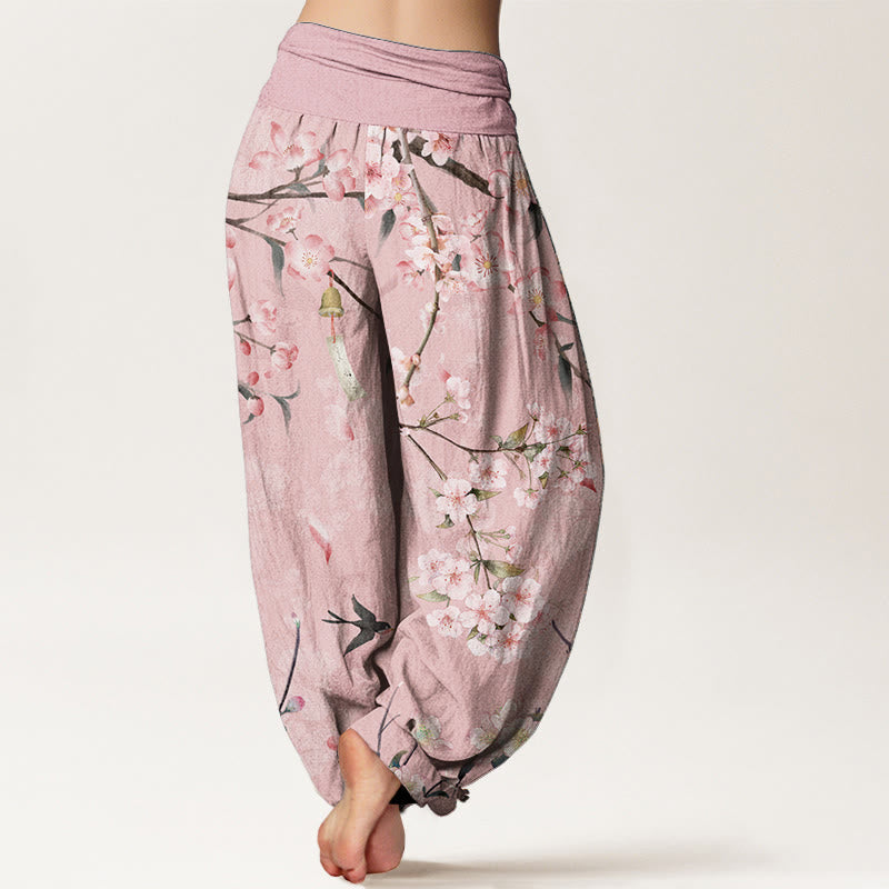 Pure Cotton Peach Blossoms Flying Geese Pattern Women's Elastic Waist Harem Pants