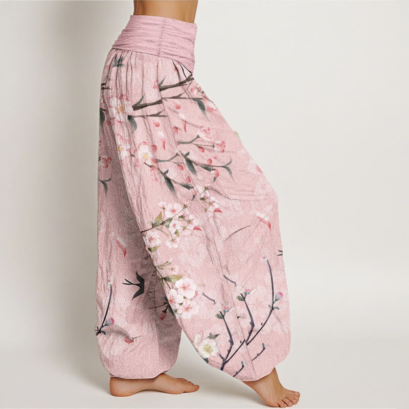 Pure Cotton Peach Blossoms Flying Geese Pattern Women's Elastic Waist Harem Pants