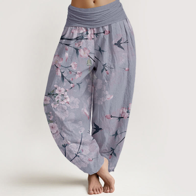 Pure Cotton Peach Blossoms Flying Geese Pattern Women's Elastic Waist Harem Pants