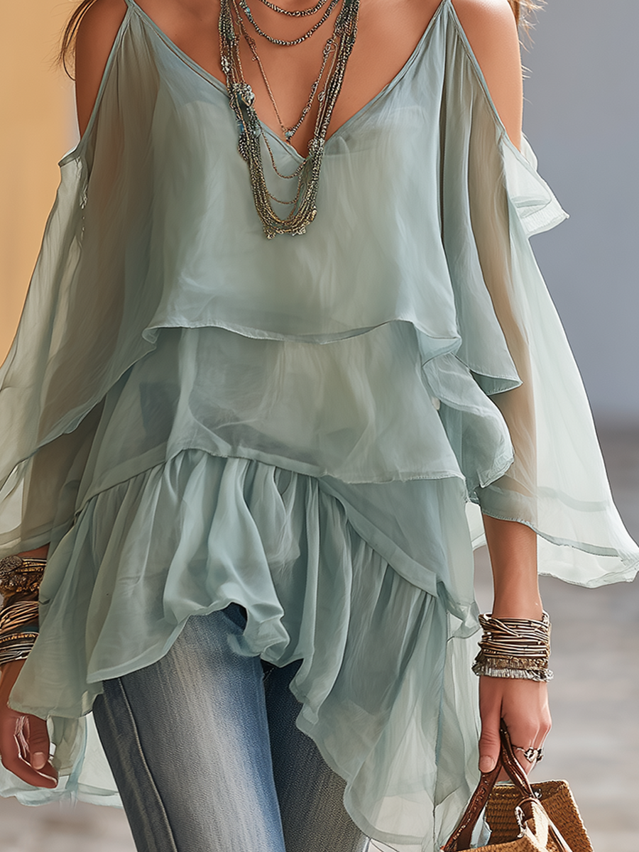 Fresh Mint Blue Chiffon Off-shoulder Ruffle Top