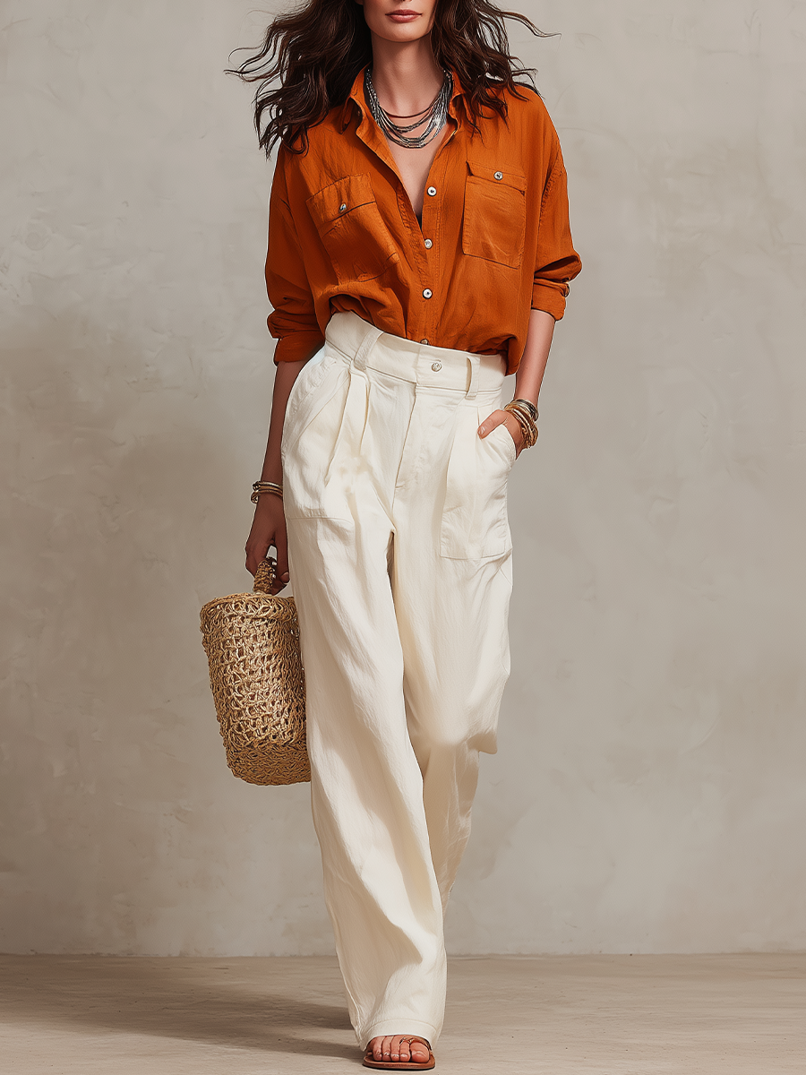 Casual Rust Orange Utility Shirt & Cream Wide-Leg Pants Set