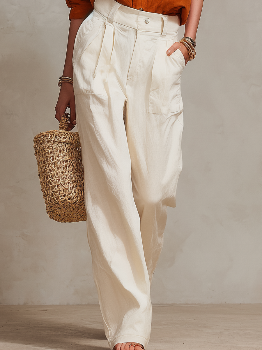 Casual Rust Orange Utility Shirt & Cream Wide-Leg Pants Set