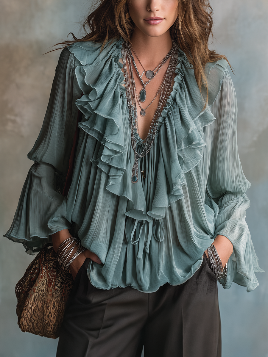 Flowing Sage Green Ruffle Detail Blouse