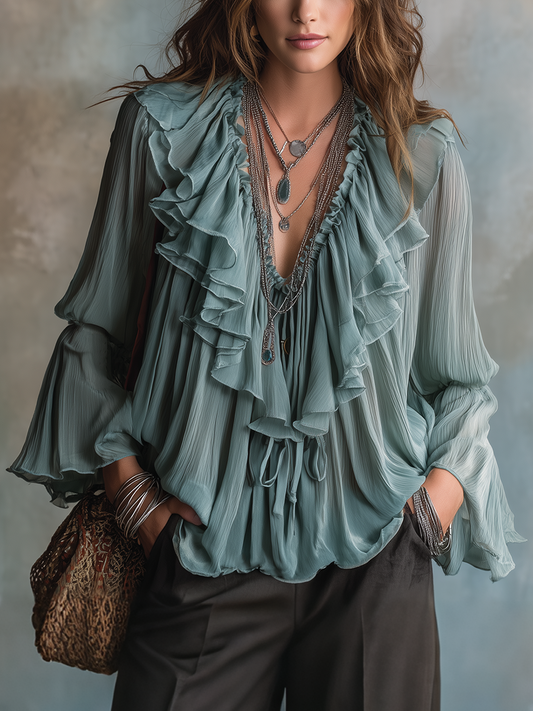 Flowing Sage Green Ruffle Detail Blouse