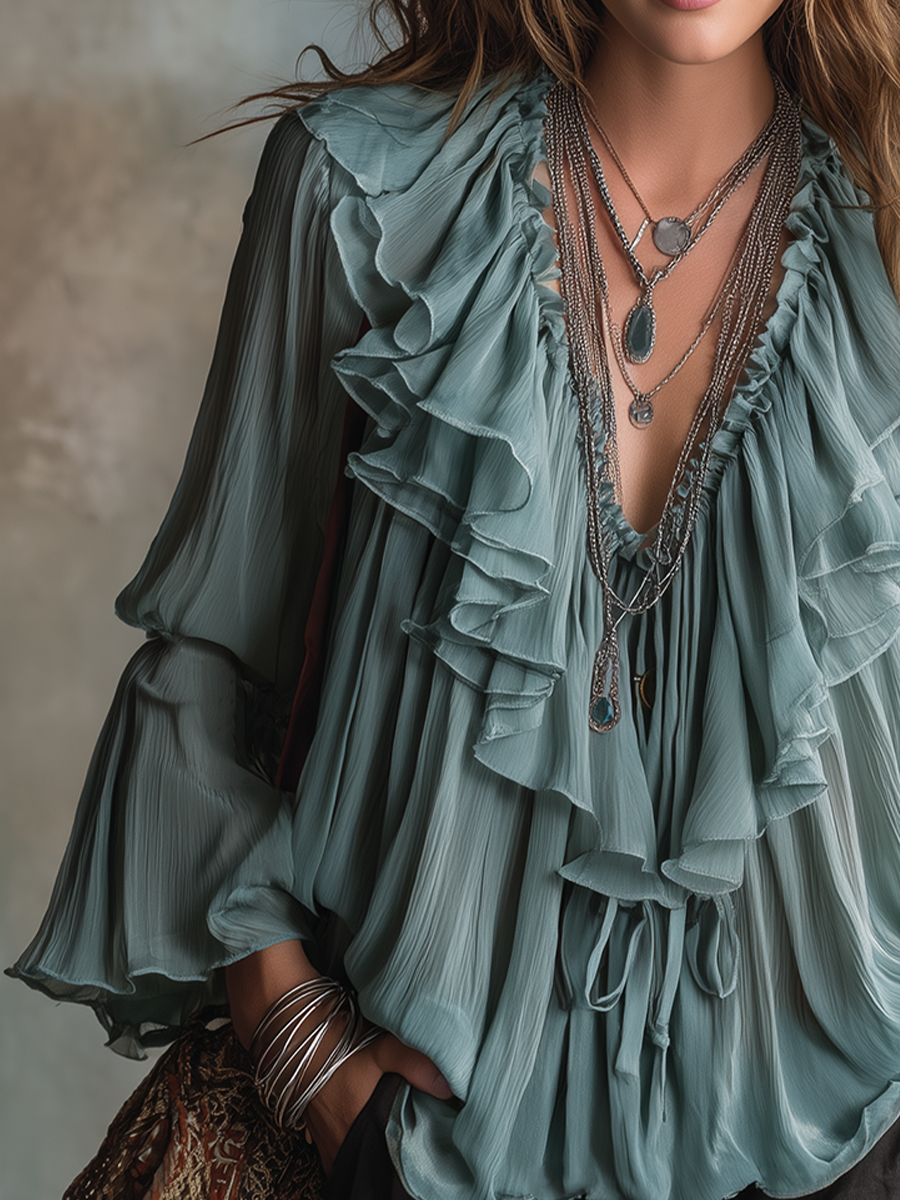 Flowing Sage Green Ruffle Detail Blouse