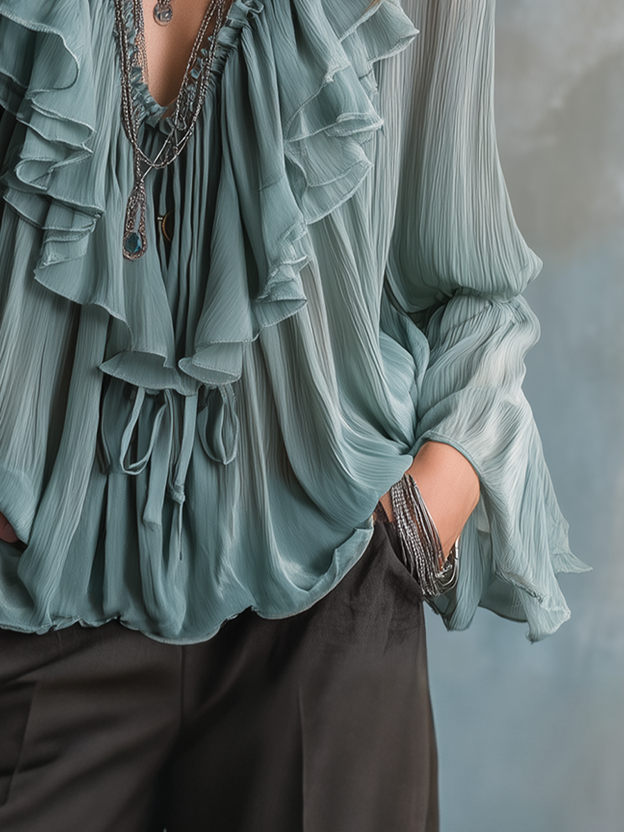 Flowing Sage Green Ruffle Detail Blouse