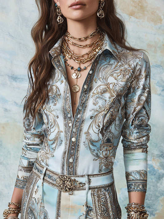 Boho Baroque Print Button-Front Slim Fit Shirt Blouse