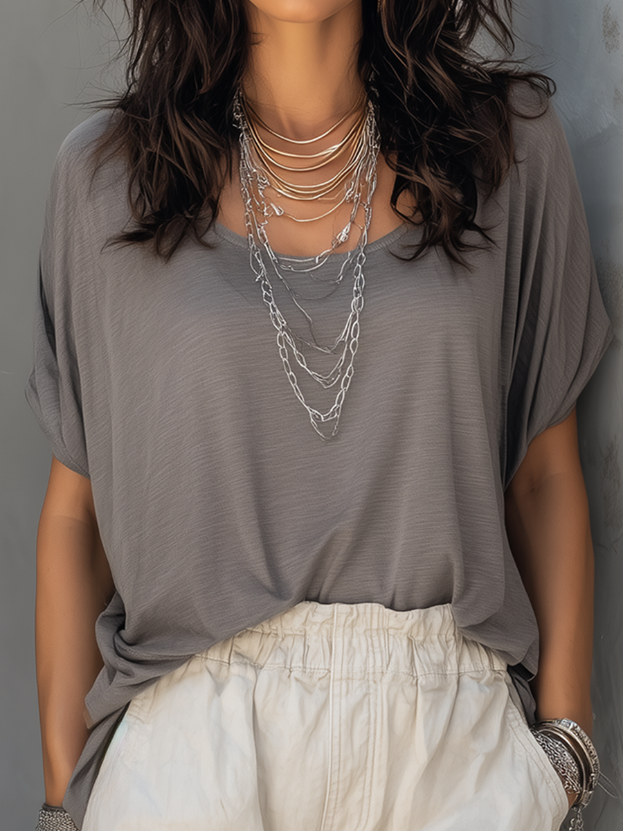 Casual Taupe Loose-Fit T-Shirt & Shorts Set