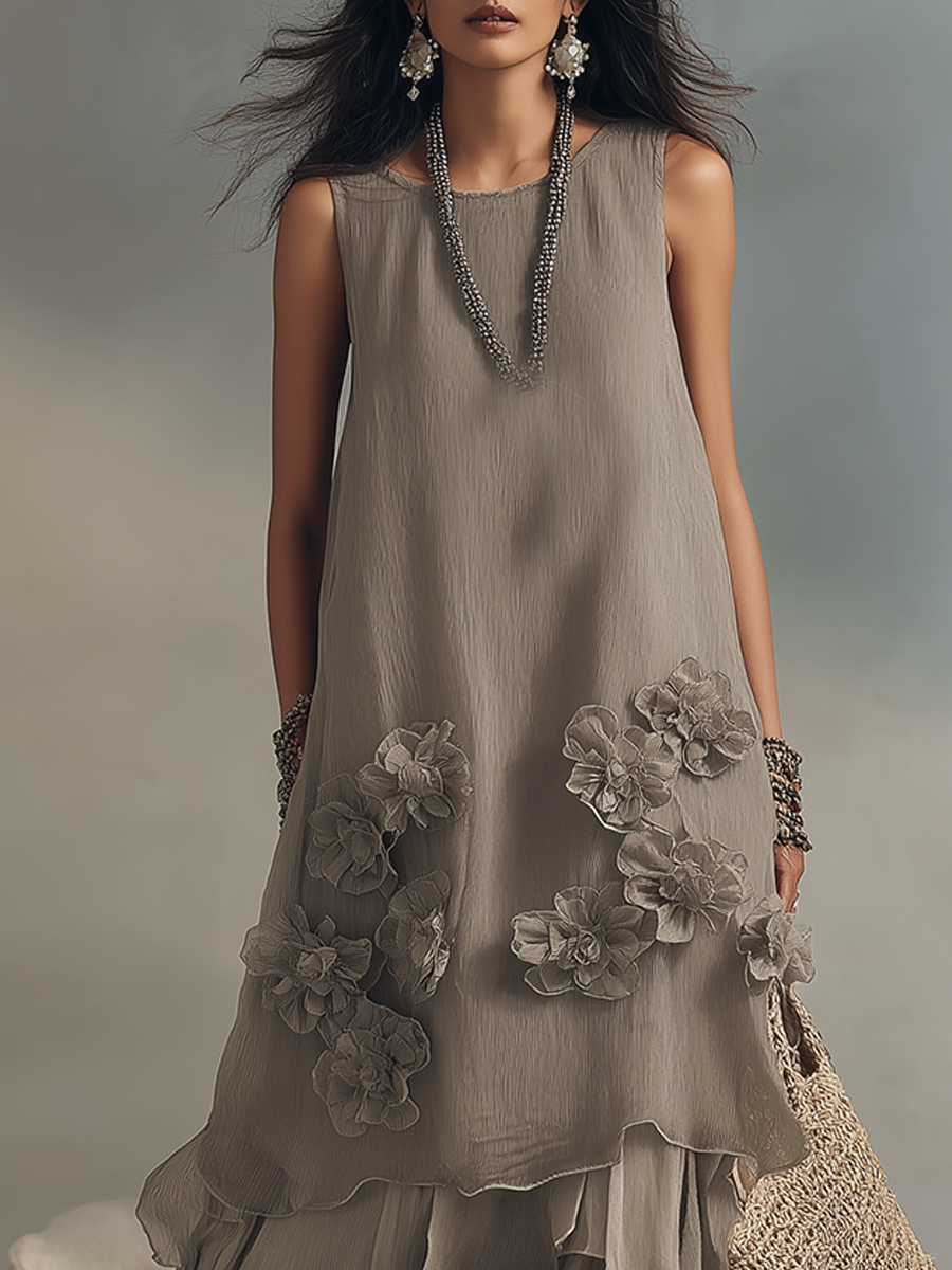 Three-dimensional Floral Embellished Layered Tulle Long Dress