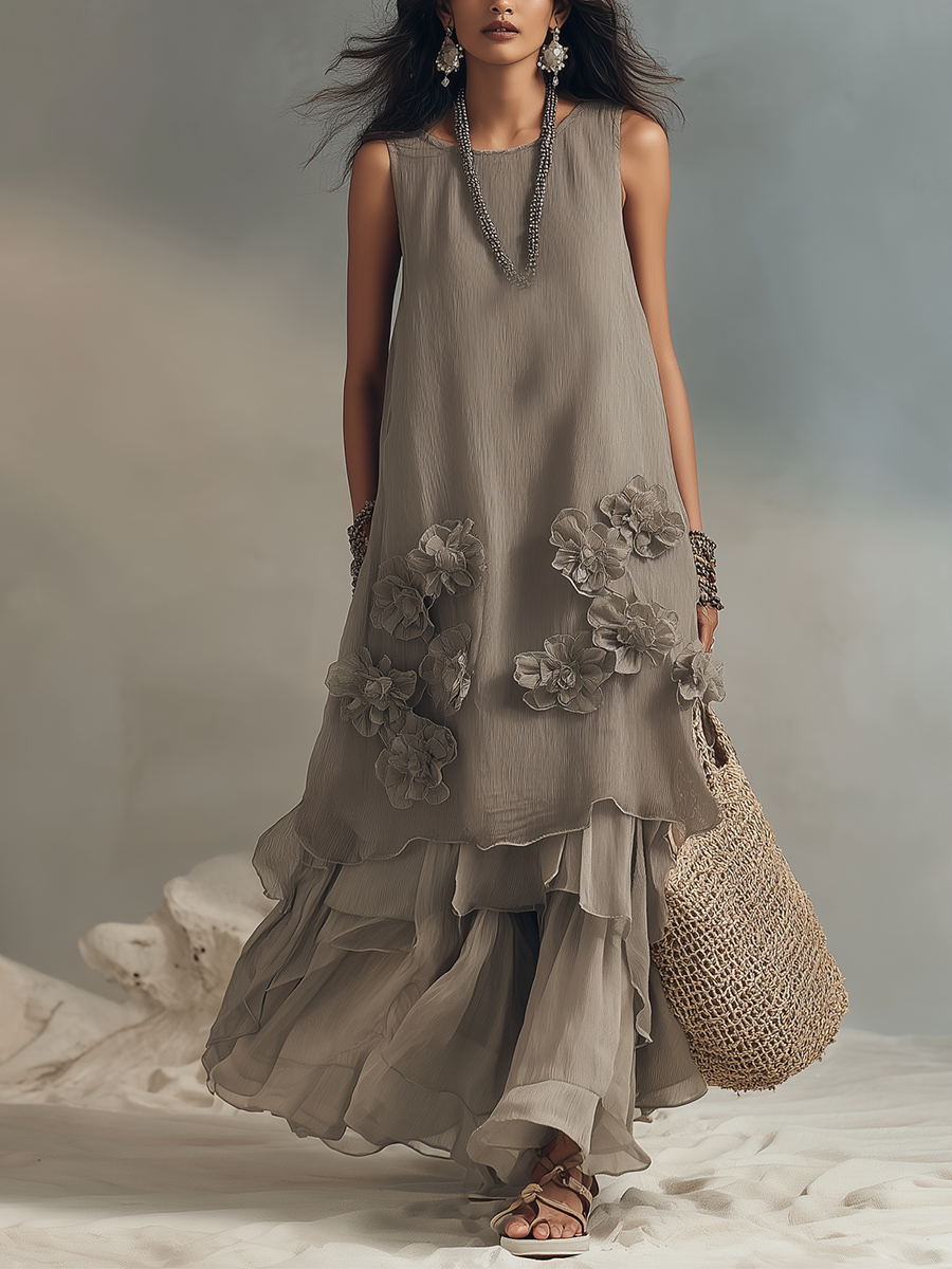 Three-dimensional Floral Embellished Layered Tulle Long Dress