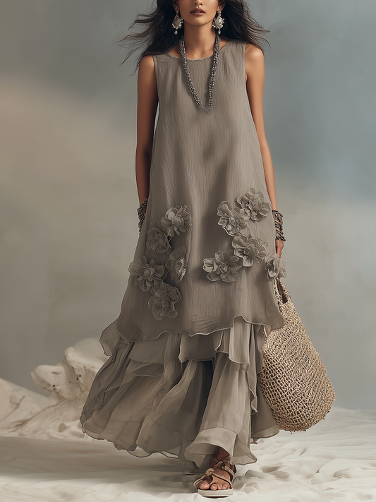 Three-dimensional Floral Embellished Layered Tulle Long Dress