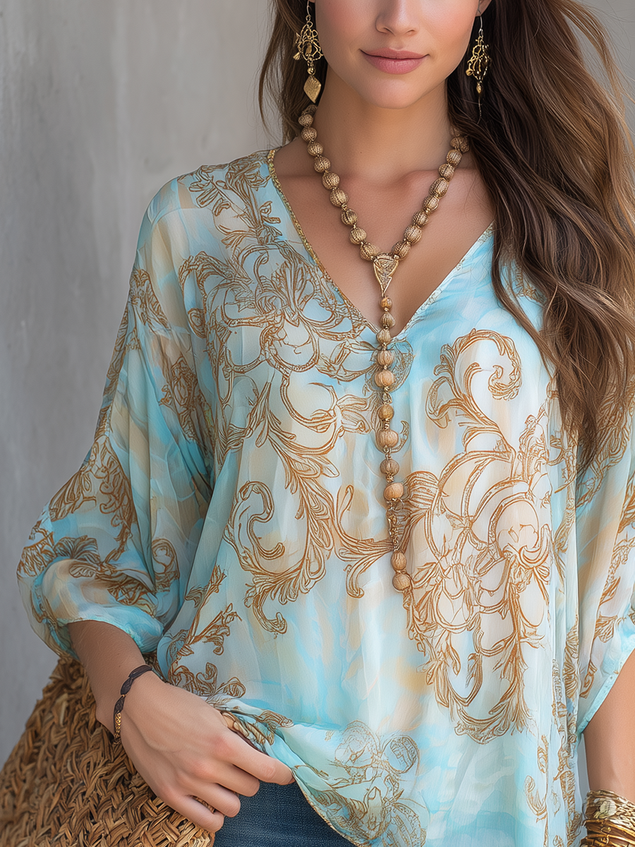 Resort Style Light Blue Baroque Print T-shirt