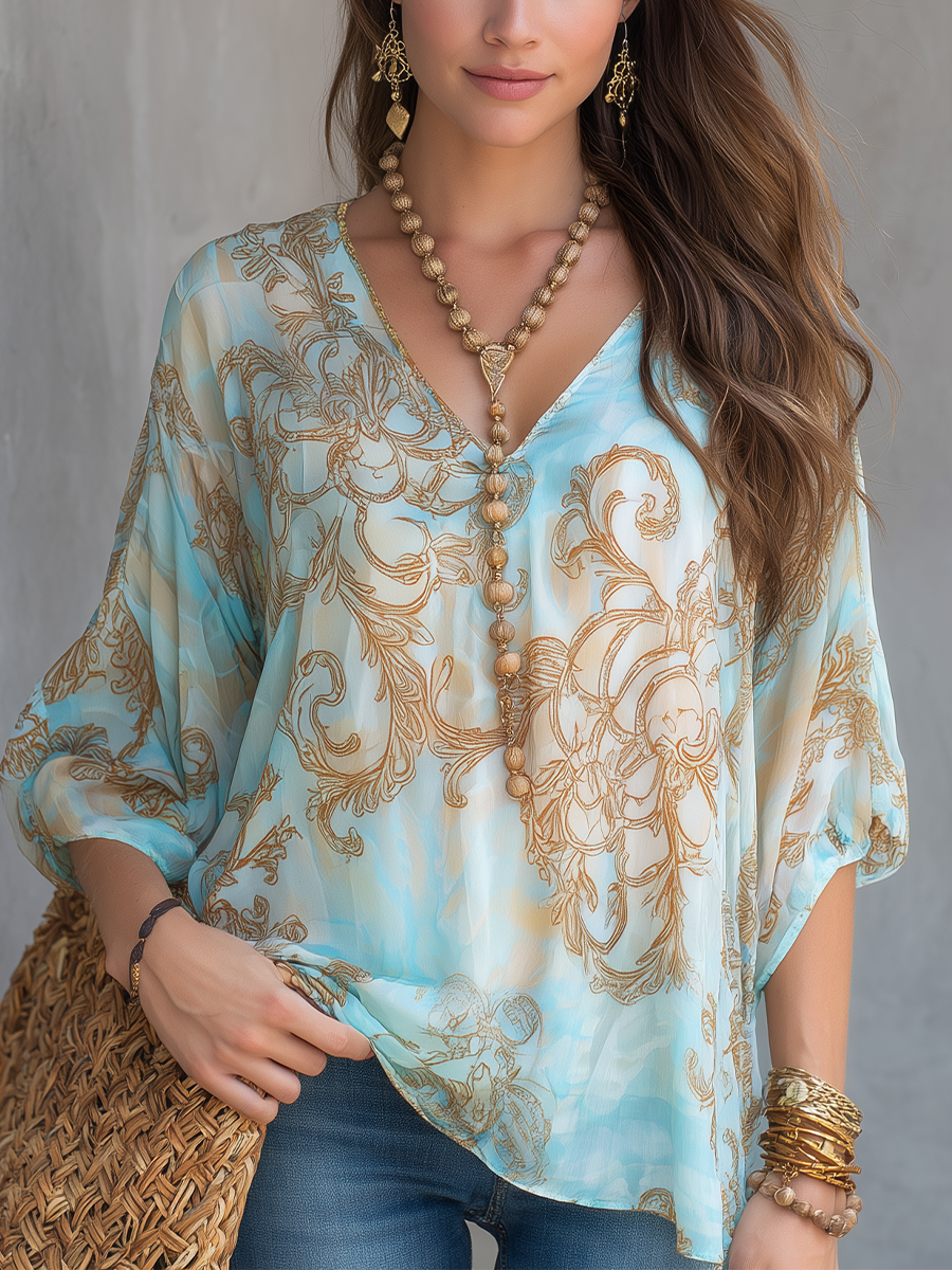 Resort Style Light Blue Baroque Print T-shirt