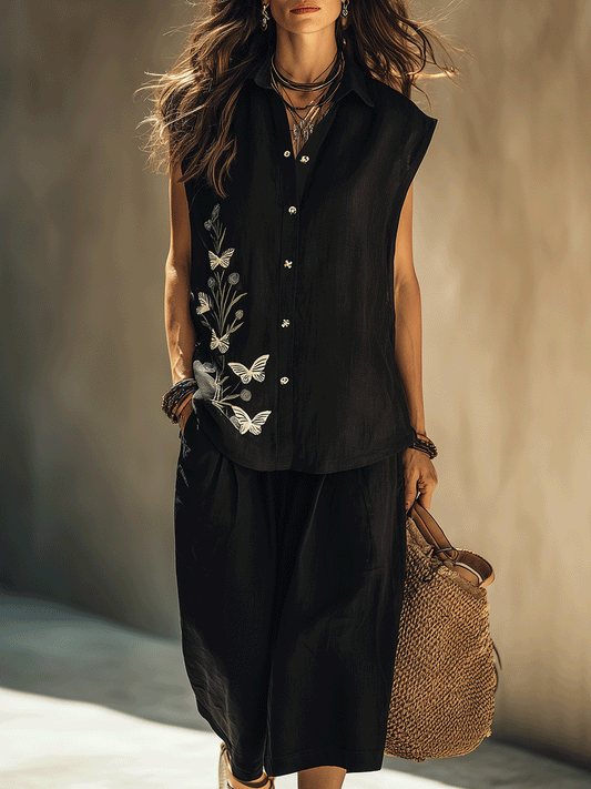 Bohemian Black Floral-Embroidered Loose-Fit Everyday Shirt And Mid-Length Shorts Set