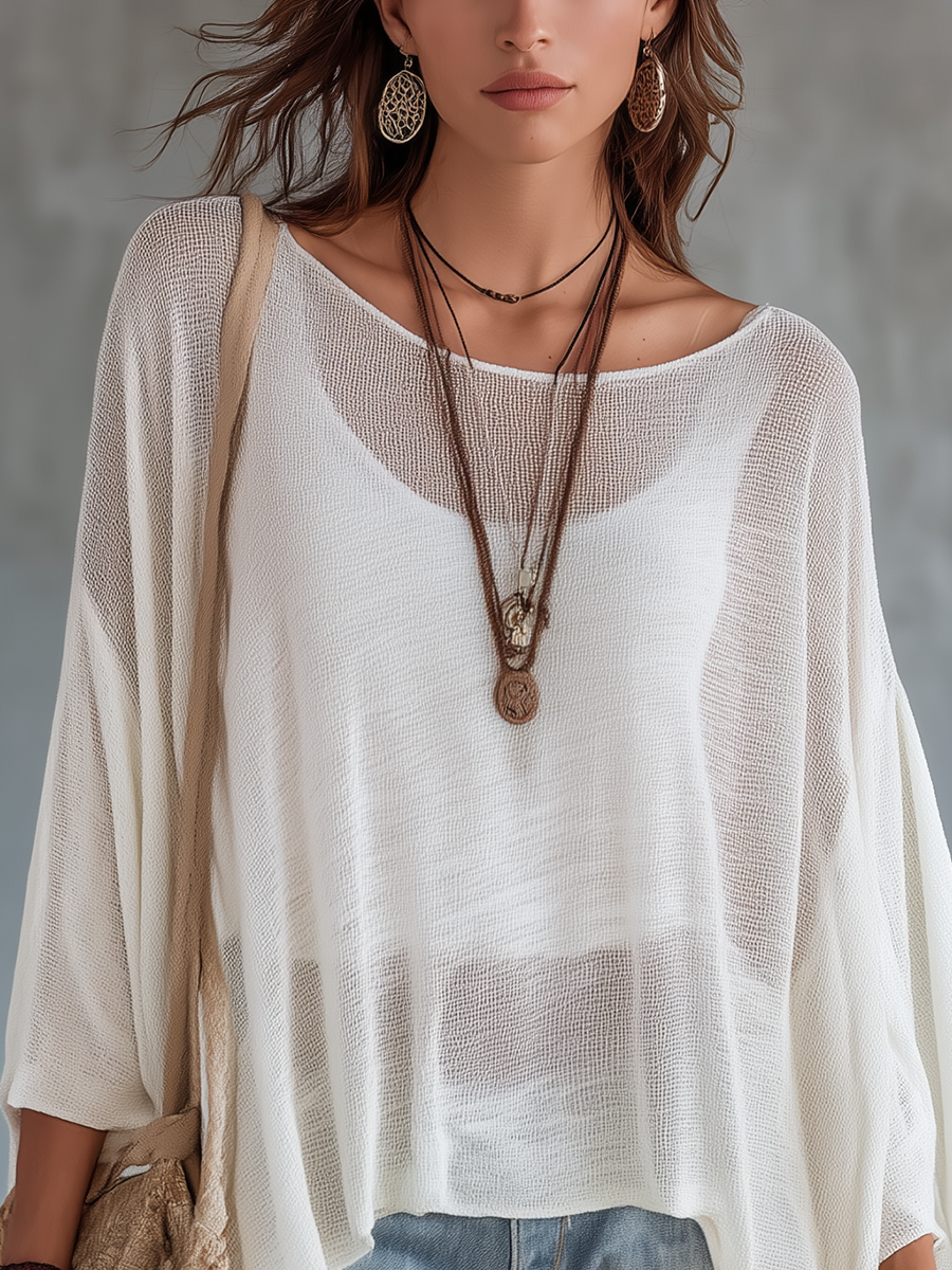 Effortless Bohemian Ivory Gauze Knit Top
